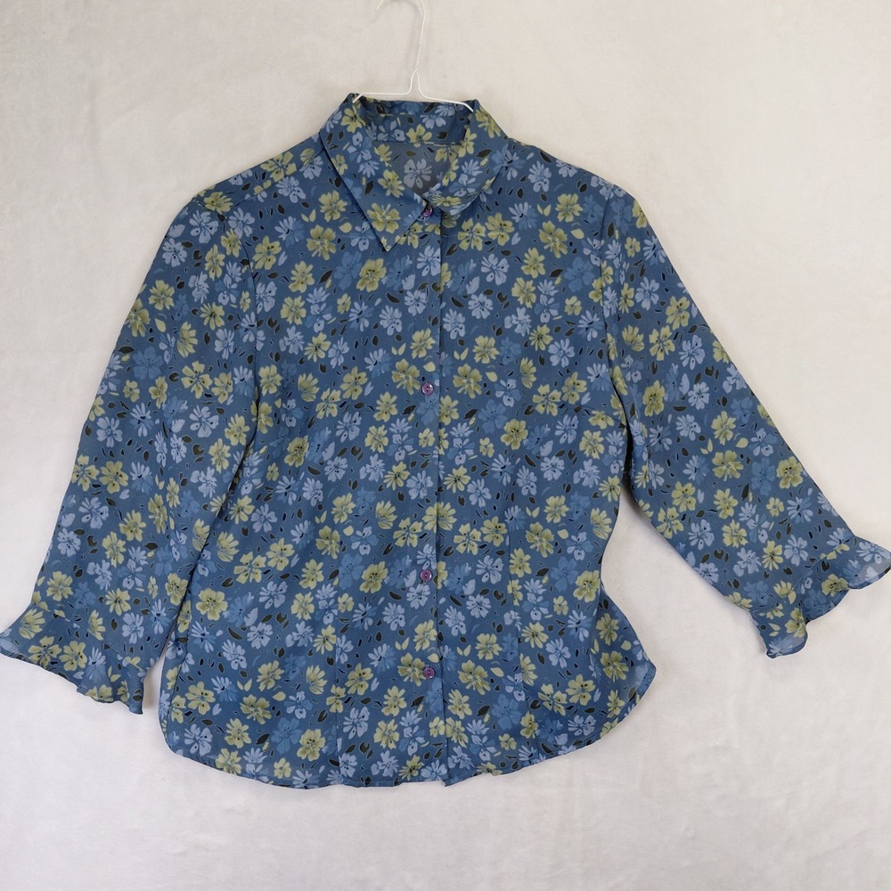 Madison & Max Blue Floral Ruffle Cuff Button Down Blouse Womens Size 10